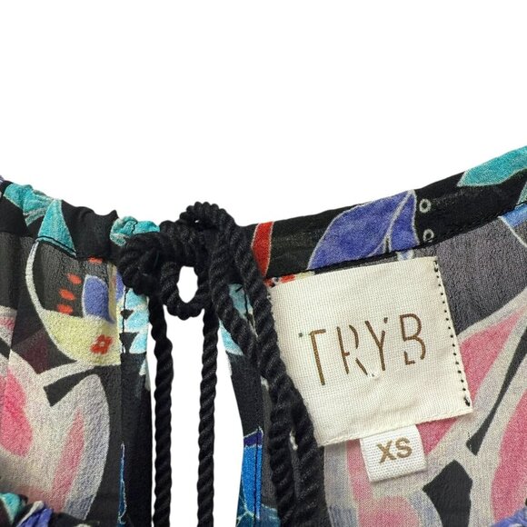 TRYB Silk Blouse XS Black Floral Chiffon Peasant Top Ruffle Lace Anthropologie - Picture 7 of 9